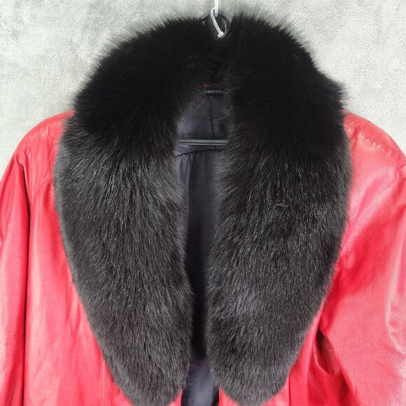 Vintage Red Leather Coat with Black Fox Fur Collar & Large Pockets Size XXL - Picture 3 of 10